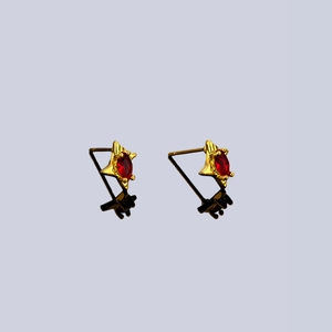 Star-shaped irregular gold earrings with rhombus zircon and marquise-cut red gemstone