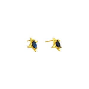 Gold star stud earrings with blue marquise zircon stones on a clean white background