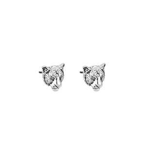Gothic tiger head earrings in vintage silver finish with detailed relief engraving