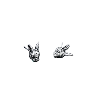 Retro rabbit head stud earrings in antique silver finish with detailed animal texture