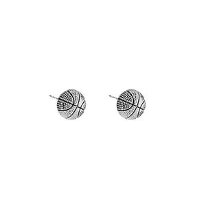 Pair of basketball shaped stud earrings with textured surface and silver metallic finish