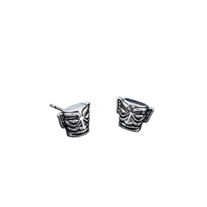 Retro Sanxingdui mask earrings in silver-gray steel with detailed relief design