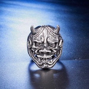 Bague punk gothique pour homme en acier inoxydable avec masque Hannya argenté