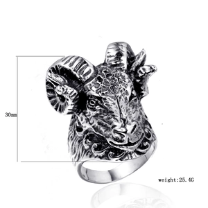 Vintage stainless steel ram skull ring with detailed horn textures and 30mm height