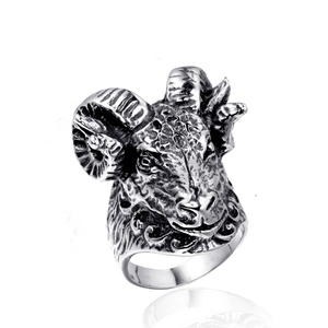 Vintage Stainless Steel Ram Head Ring Men Women Punk Gothic Biker Animal Totem Embossed Oxidized Steel Band Ring Jewelry