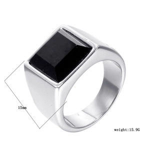 Macro detail of men's stainless steel ring with 15mm square black stone and 15.9g weight