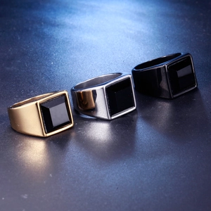Men's stainless steel rings set with square black stones in gold, silver, and black finish