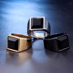 Men Stainless Steel Signet Ring With Square Black Glass Polished Punk Hip Hop Fashion Jewelry Band Ring For Boys Gift