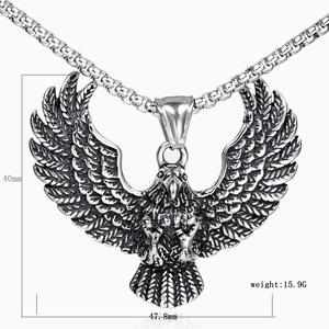 Detail shot of eagle pendant with dimensions 40mm by 47.8mm and 15.9g weight info