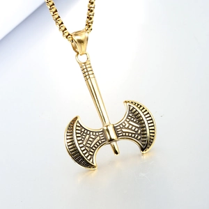 Pendentif hache Viking vintage en acier inoxydable doré avec collier chaîne vénitienne