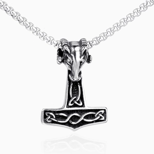 Pendentif Marteau de Thor vintage en acier inoxydable avec tête de bélier et chaîne