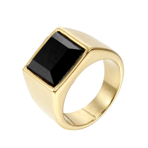 Polished gold stainless steel men's ring featuring a large square black gemstone
