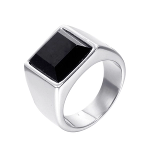 Polished stainless steel signet ring for men featuring a large square black gemstone inlay