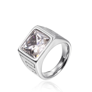 Bague en acier inoxydable pour homme avec une grande pierre précieuse carrée transparente