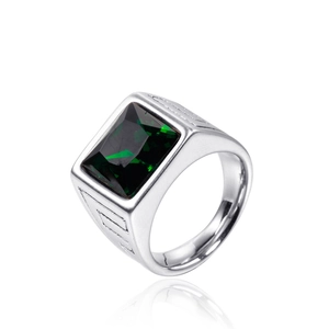 Bague pour hommes en acier inoxydable avec pierre précieuse carrée vert émeraude polie