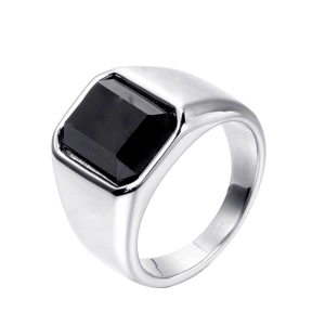 Polished stainless steel men's signet ring featuring a large square-cut black stone
