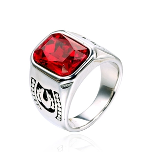 Men's titanium steel ring with a square red gemstone and engraved horseshoe side patterns