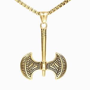 Collier Pendentif Hache Double Viking En Acier Inoxydable Bijoux Gothiques Nordiques Punk Rétro Cadeau Homme Femme Or