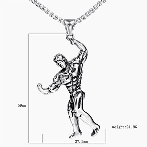 Detailed view of silver bodybuilder pendant with measurements and product weight info