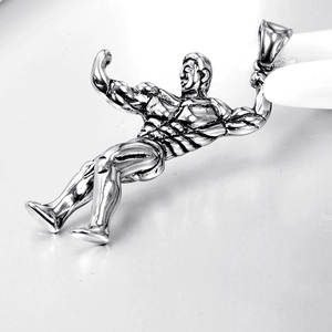 Polished silver muscle man gym pendant in stainless steel for fitness enthusiasts