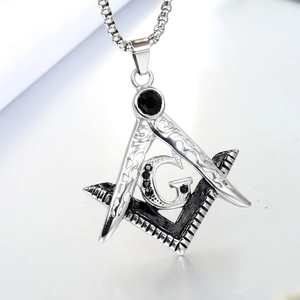 Pendentif franc-maçon en acier inoxydable avec symbole G et pierres noires sur chaîne
