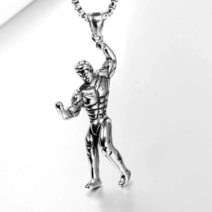 Polished stainless steel bodybuilder pendant necklace with muscular figure gym design