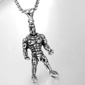 Collier pour homme avec pendentif culturiste en acier inoxydable argenté et chaîne
