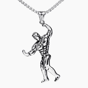 Vintage Bodybuilder Muscle Man Fitness Pendant Necklace Stainless Steel Gym Weightlifting Jewelry For Men Steel Color