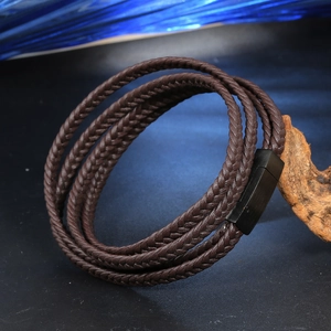 Men's multi-layer braided brown leather bracelet with black magnetic steel clasp