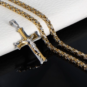 Religiöse zweifarbige Kreuzkette mit Jesus-Figur und byzantinischer Kette für Herren