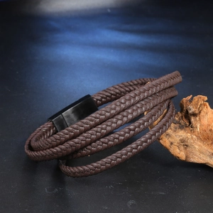 Multi-layer brown braided leather bracelet with black matte magnetic metal clasp