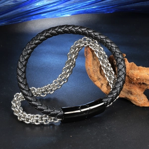 Herren Edelstahl Geflochtenes Leder Armband Punk Industrial Doppellagige Kette Armreif Magnetverschluss Schmuck