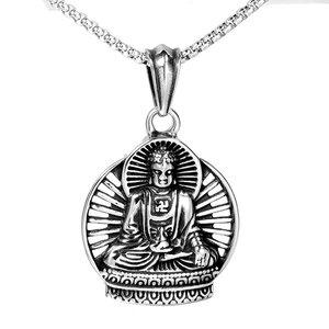 Vintage Buddha-Anhänger aus Edelstahl mit Lotussitz und quadratischer Gliederkette