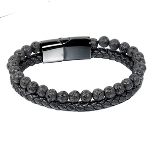 Men's Fashion Double Layer Lava Stone Beads Woven Leather Stainless Steel Chain Bracelet With Magnetic Clasp Jewelry