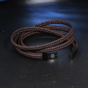 Men's dark brown multi-layer braided leather bracelet with black magnetic clasp