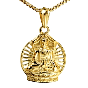 Goldene Buddha-Halskette aus Edelstahl mit runder Medaille und klassischer Boxkette