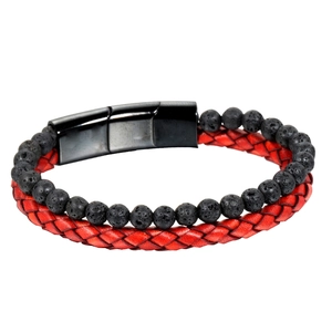 Men's double layer bracelet with red woven leather and black lava stone beads
