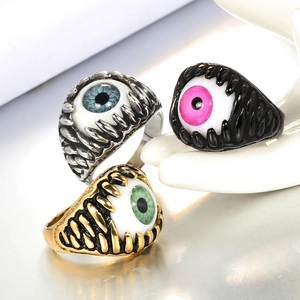 Punk style stainless steel devil eye rings with colorful pupils and claw setting detail