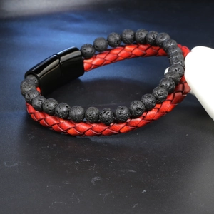 Men's double-layer bracelet with red braided leather and black volcanic stone beads