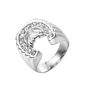 Hip Hop Men Stainless Steel Horseshoe Horse Head Relief Ring Gold Silver Color Rhinestone Inlaid Fashion Punk Jewelry Gift