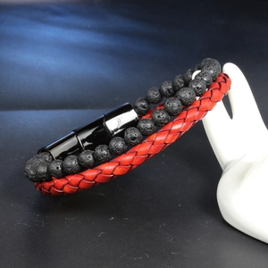 Men's double-layer bracelet with black lava stone beads and red braided leather cord