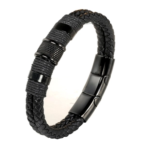 Bracelet pour Hommes en Cuir Tressé et Acier Inoxydable Noir Multicouche avec Fermoir Magnétique Bijoux de Style Punk Industriel