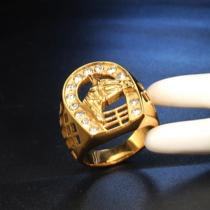 Herrenring aus vergoldetem Edelstahl mit Pferdekopf und Hufeisen-Zirkonia-Verzierung