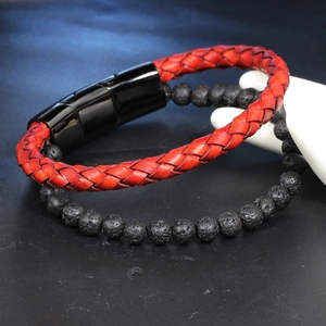Men's double-layer bracelet with black lava stone beads and red braided leather chain