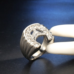 Macro shot of horseshoe-shaped steel ring with horse head relief and sparkling rhinestones