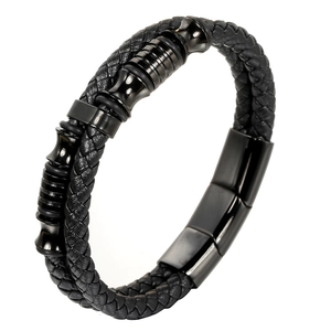 Men's Braided Leather Bracelet With Stainless Steel Magnetic Clasp Black Multi Layer Cord Bangle Industrial Style Fashion Jewelry For Men