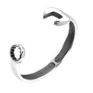 Industrial style stainless steel open cuff bracelet with wrench and spanner design tips
