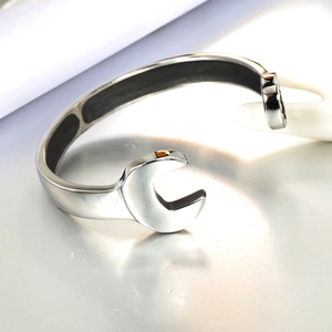 Vintage silver wrench design open cuff bracelet in high-gloss stainless steel for men