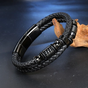 Double-layered black braided leather bracelet for men with magnetic steel clasp