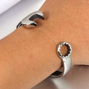 Polished silver stainless steel wrench open cuff bracelet in vintage industrial style